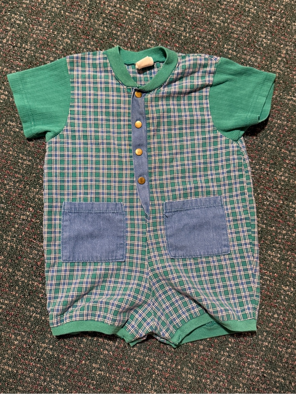 Vintage 80s 90s Buster Brown Plaid Romper Baby Boy 24M Green Blue Chambray Snaps